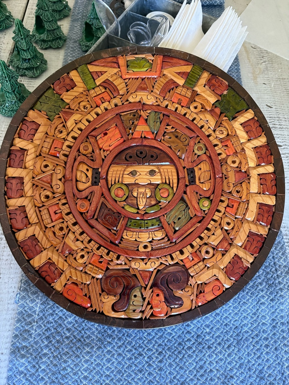 Vintage Wooden Aztec Mayan Mexico Calendar Hand Carved Inlay Wood Art 12”